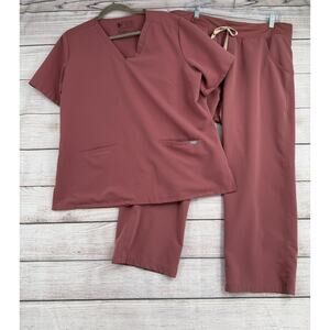 Figs Casma 3 Pocket Scrub Top & Kade Cargo Scrub Pants Womens XL/P Mauve